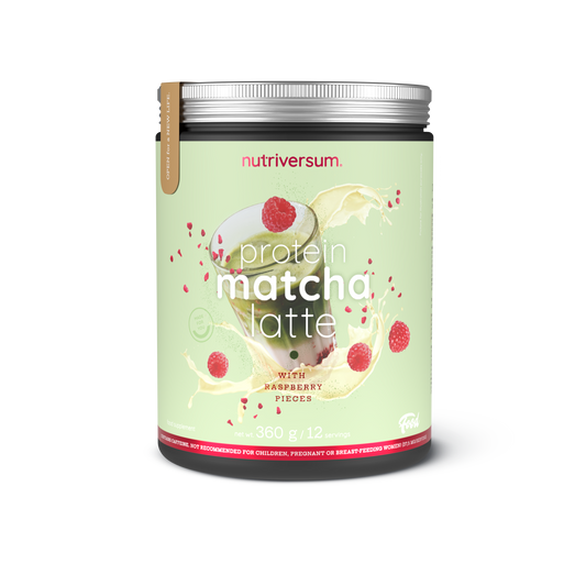 Protein-Matcha-Latte mit Proteinpulver und Himbeerstückchen Flow 360gr